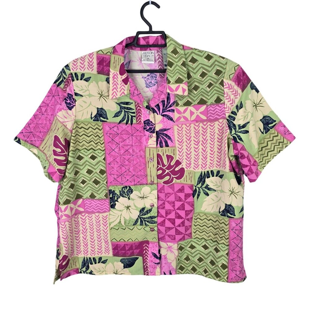 Womens Allison Daley Hawaiian Pink Green Blouse Short Sleeve Button-Up Size 18